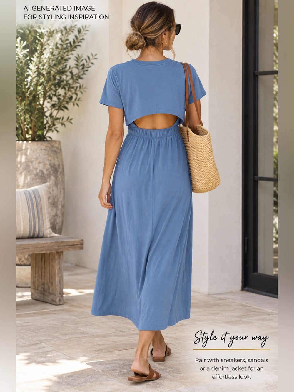 H&M Blue Open Back Cutout T-Shirt Dress Elastic Waist M